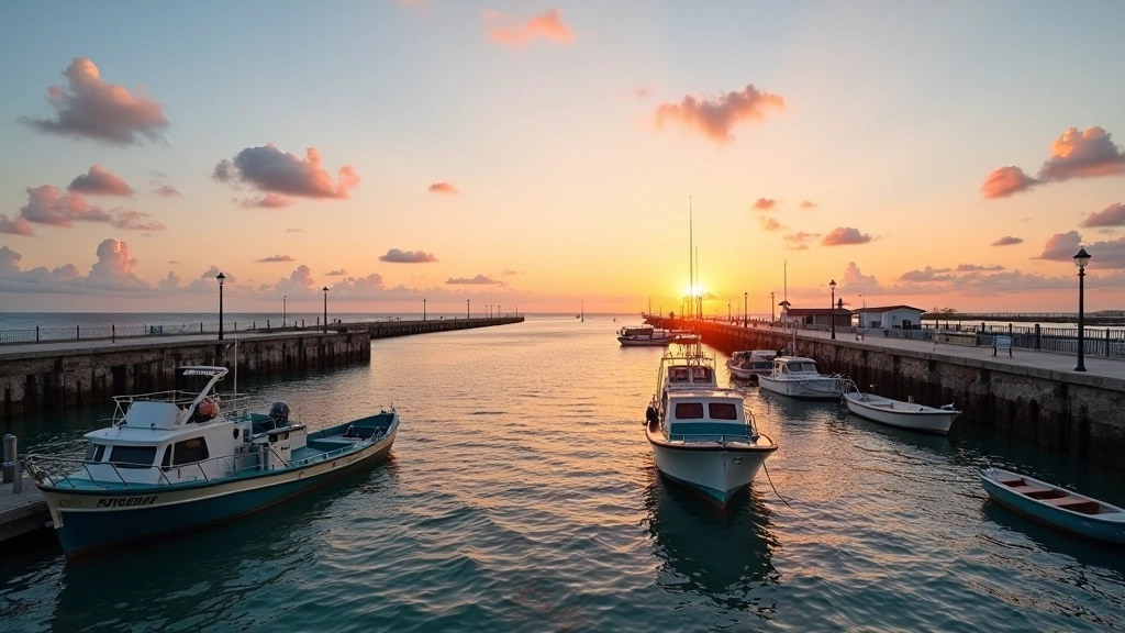 Vista panorámica del muelle de pescadores con barcos tradicionales y el atardecer sobre el agua en La Guancha, Ponce
